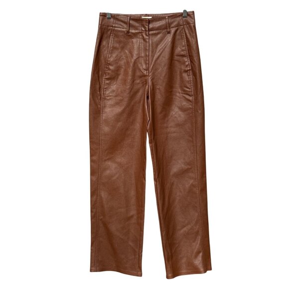 Wilfred Free Aritzia High-Waisted Brown Faux Leather Straight-Leg Pants Womens 4 - Picture 2 of 12